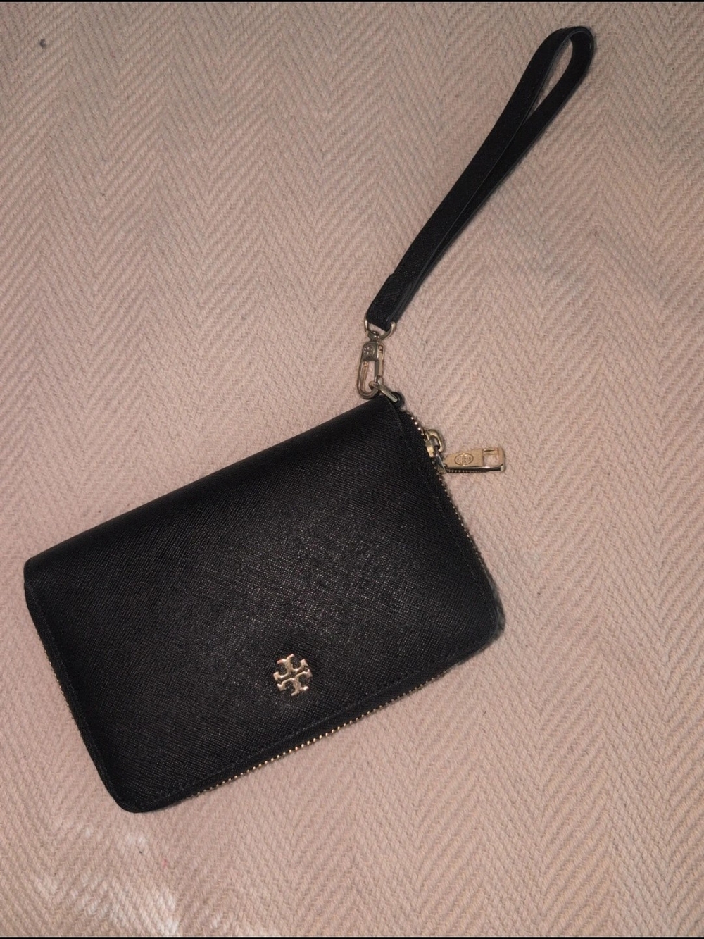 Tory Burch Black Leather Wristlet with Gold Logo